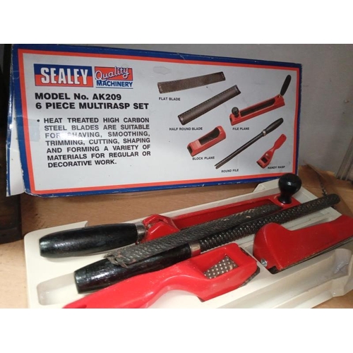 443 - An incomplete but good tap & die set in box A/F & an as new Sealey 6 piece multi rasp set, A heavy p... 