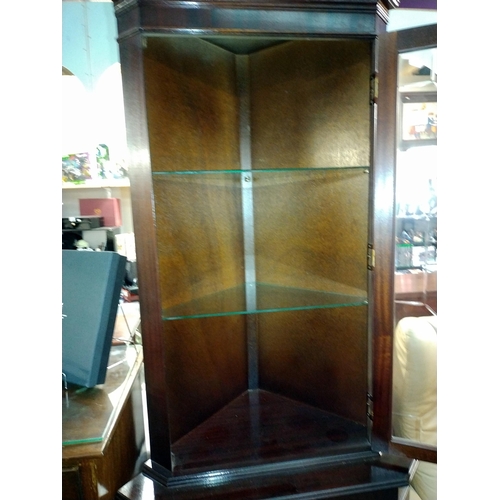 309 - A dark wood stained corner cupboard with cut glass door panel. 70cm x49cm x Height 184cm (COLLECT ON... 