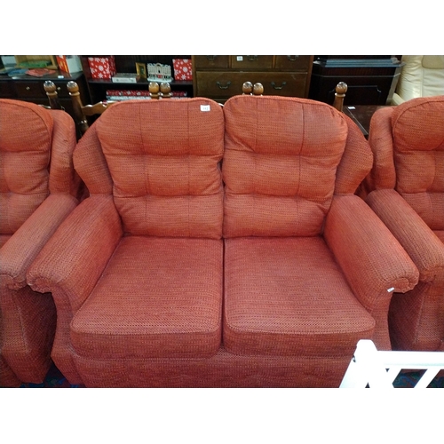 312 - A red coloured tapestry type finished 3 piece suite comprising sofa and 2 chairs, COLLECT ONLY