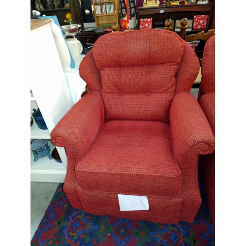 312 - A red coloured tapestry type finished 3 piece suite comprising sofa and 2 chairs, COLLECT ONLY