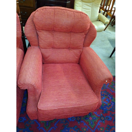 312 - A red coloured tapestry type finished 3 piece suite comprising sofa and 2 chairs, COLLECT ONLY