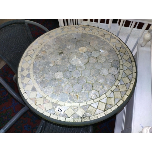 315 - A mosaic top garden table and 2 chairs height and diameter of table (73cm x 70cm), COLLECT ONLY