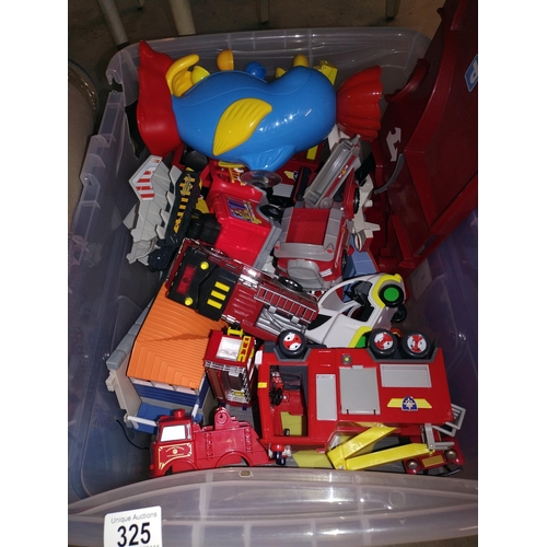 325 - A large box of toy vehicles etc, plus a pop up bin of toys and a play mat/rug, COLLECT ONLY