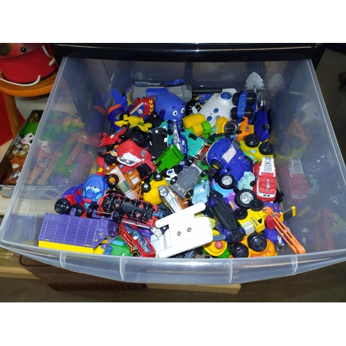 326 - A 4 drawer storage chest of children's toys, wooden stool, play kitchen, Cars lamp etc. COLLECT ONLY