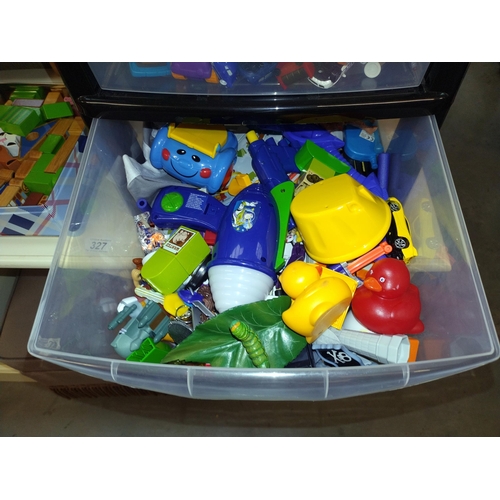 326 - A 4 drawer storage chest of children's toys, wooden stool, play kitchen, Cars lamp etc. COLLECT ONLY