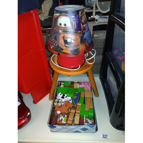 326 - A 4 drawer storage chest of children's toys, wooden stool, play kitchen, Cars lamp etc. COLLECT ONLY