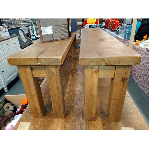 332 - A large heavy rustic pine kitchen table and 2 benches and 2 chairs (183cm x 87cm x height 72cm), COL... 