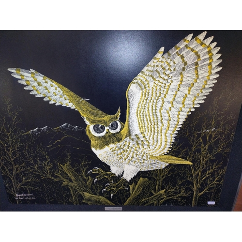 340 - A large picture of a great horned owl by Richard Reid Mason (87cm x 72cm,) COLLECT ONLY