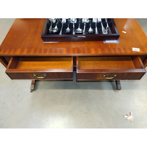 363 - A drop leaf Sheraton style coffee table with drawers (95cm x 51cm x 53cm), COLLECT ONLY