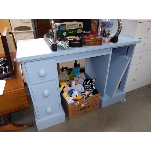 367 - A blue painted pine desk (110cm x 51cm x height 77cm) (shelf brackets missing for the shelves on lef... 