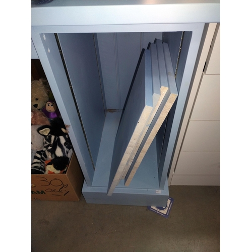 367 - A blue painted pine desk (110cm x 51cm x height 77cm) (shelf brackets missing for the shelves on lef... 