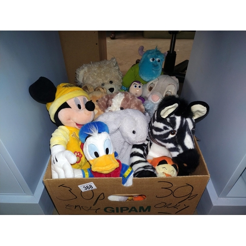 368 - A box of soft toys including Mickey Mouse, Buzz Lightyear etc