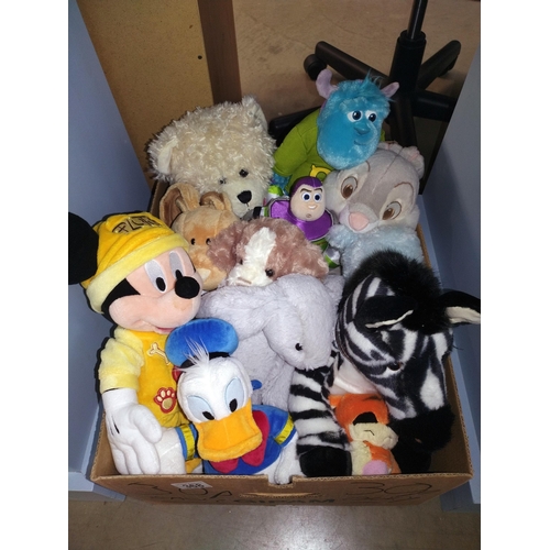 368 - A box of soft toys including Mickey Mouse, Buzz Lightyear etc