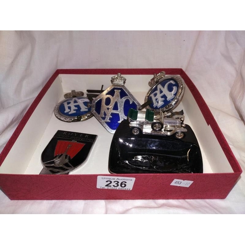 236 - 3 RAC and Rover owners car badges and Lesney Rolls Royce ashtray