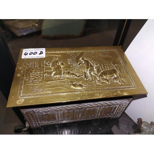 400D - A 1920's/30's Jacobs brass biscuit tin in the form of a coal box