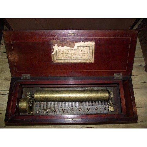 1458 - A Victorian musical box, 33cm barrel, missing winding handle, COLLECT ONLY