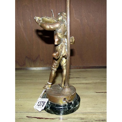 1378 - A gilded French spelter figurine of a violin player table lamp with foundry mark to figure base, fig... 