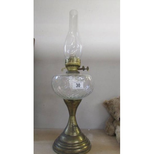 30 - A brass and glass oil lamp with chimney, COLLECT ONLY.