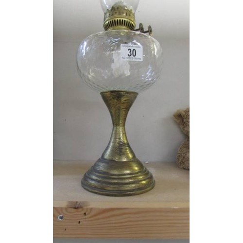 30 - A brass and glass oil lamp with chimney, COLLECT ONLY.