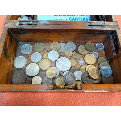 240 - An old wooden box of old mainly foreign coins