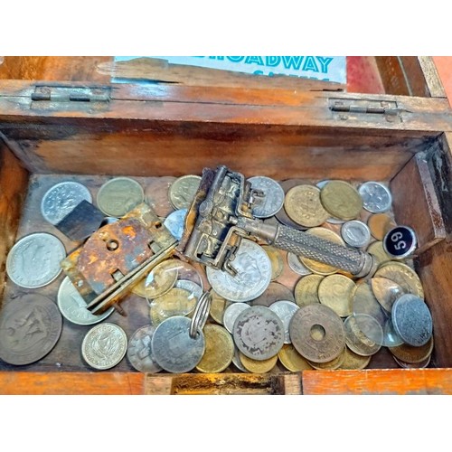 240 - An old wooden box of old mainly foreign coins