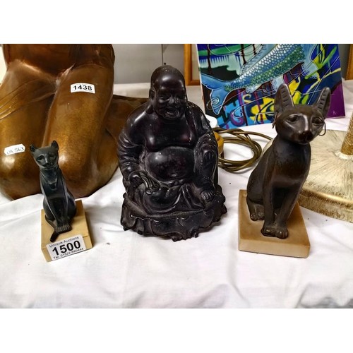 1500 - A Buddha, two Egyptian cats and a gilded wall bracket.