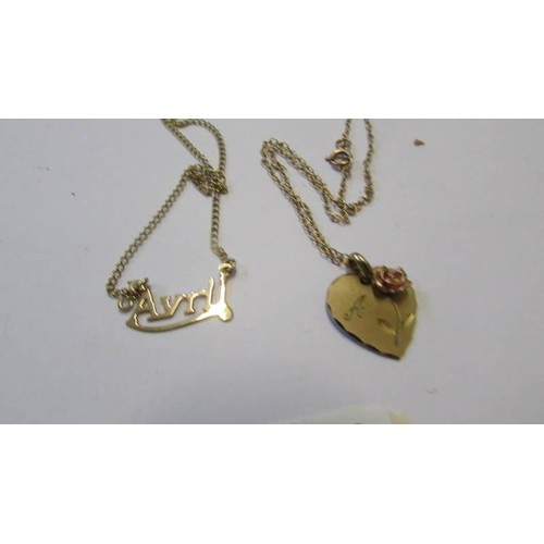 227 - Two 9ct gold necklaces, one with name Avril and one with letter A.  4 grams.