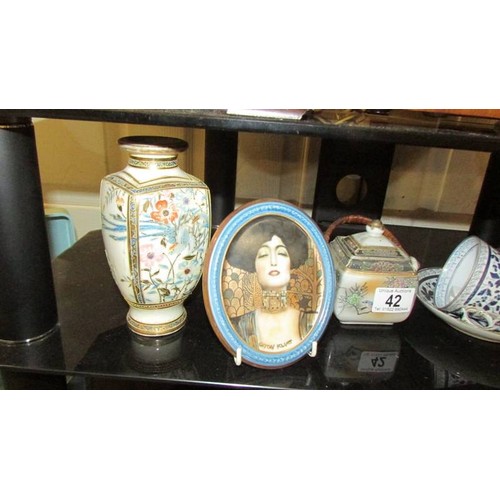 42 - 2 Goebel wall plaques, a pair of oriental vases (1 a/f), a jam pot, cup and saucer etc.,