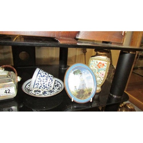 42 - 2 Goebel wall plaques, a pair of oriental vases (1 a/f), a jam pot, cup and saucer etc.,