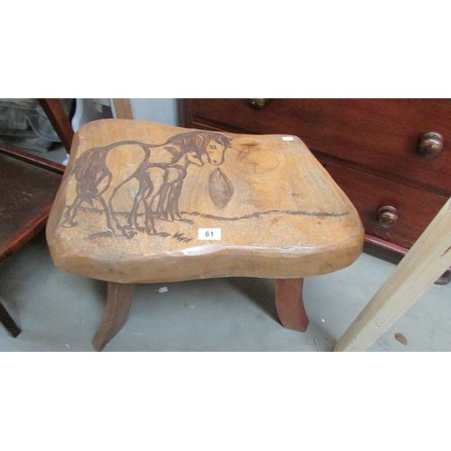 61 - A rustic stool depicting horses, COLLECT ONLY.