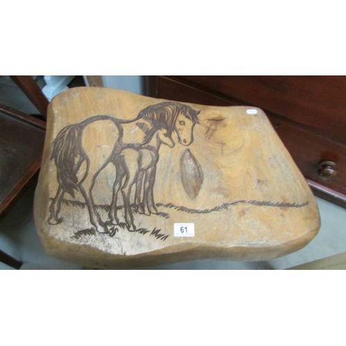 61 - A rustic stool depicting horses, COLLECT ONLY.