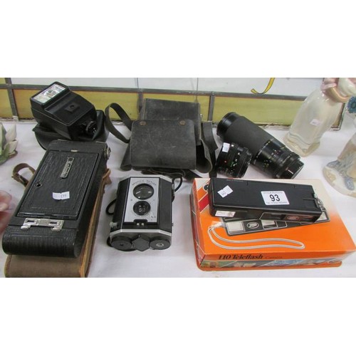 93 - A Kodak plate camera, Miranda lens 75-300mm, Boots 110 Teleflash camera, boxed, Brownie Reflux & a f... 