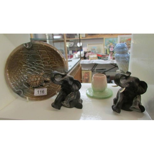 116 - A Wade tortoise dish, a Carlton ware candleholder and two elephants.