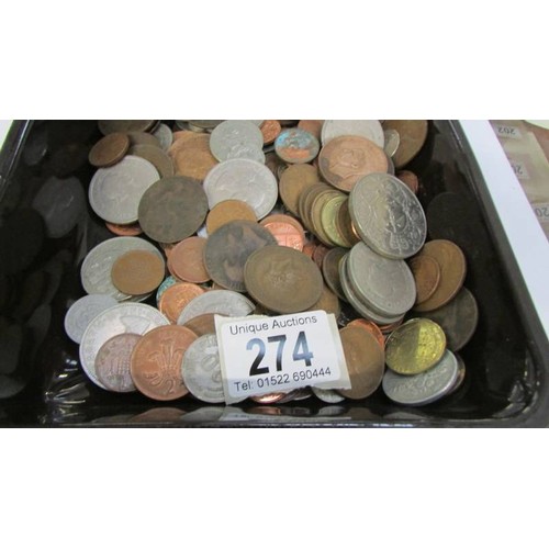 274 - A mixed lot of coins and three bank notes.