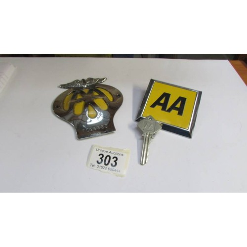 303 - Two vintage AA badges and an AA key.