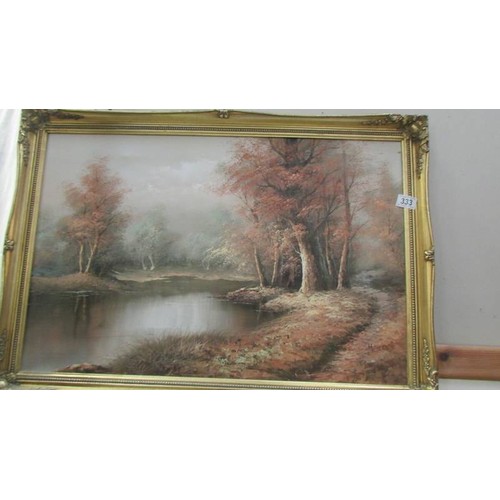 333 - A gilt framed oil on canvas woodland scene, COLLECT ONLY.