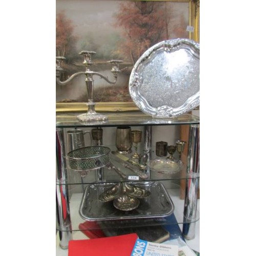 334 - A mixed lot of silver plate including candelabra, trays etc., COLLECT ONLY.