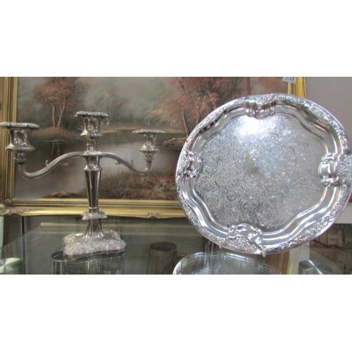 334 - A mixed lot of silver plate including candelabra, trays etc., COLLECT ONLY.