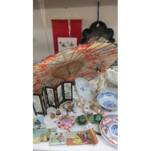 369 - A mixed lot of oriental items including ceramics, parasol etc., COLLECT ONLY.