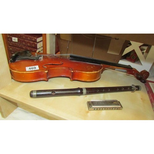 469 - A Vintage 'Lark' violin, a Rosewood fife and an Echo Super Vamper harmonica, COLLECT ONLY.