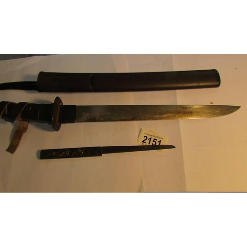 2151 - A pair of 19th Century Japanese Kutani swords with chagreen hilts, 1:- 44.5 cm long, blade 30.5 cm, ... 