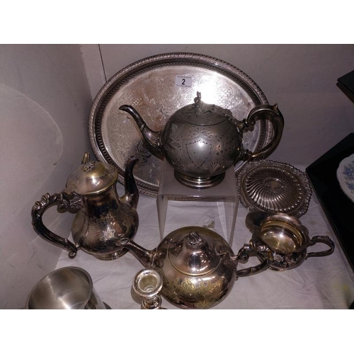 2 - A mixed lot of silver plate including tea set, tray etc.