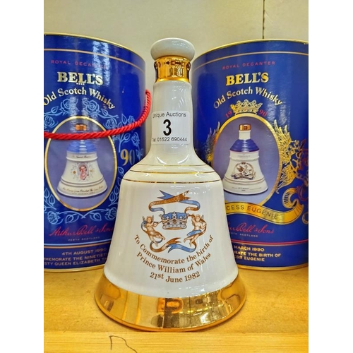 3 - 5 Bells whisky decanters (all empty), COLLECT ONLY.