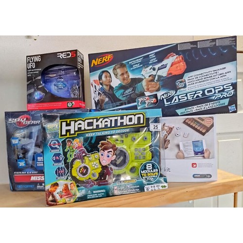 25 - 5 boxed games including Nerf Laser Ops Pro, Spy gear, Hackathon & Red 5 flying UFO etc.