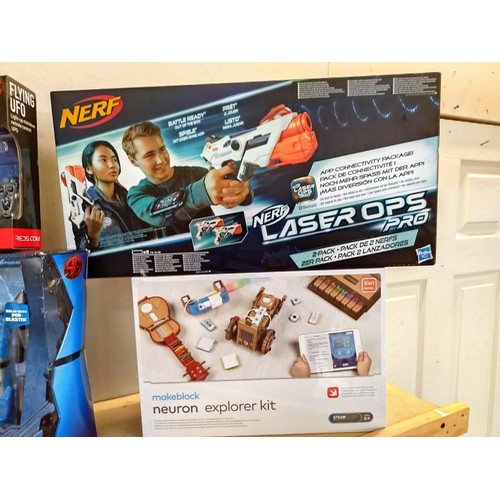 25 - 5 boxed games including Nerf Laser Ops Pro, Spy gear, Hackathon & Red 5 flying UFO etc.