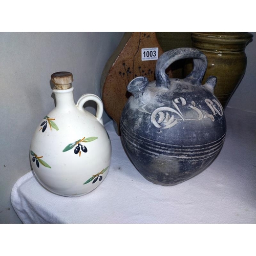 1003 - 5 pieces of Studio pottery including lidded storage jars & vase etc. COLLECT ONLY.