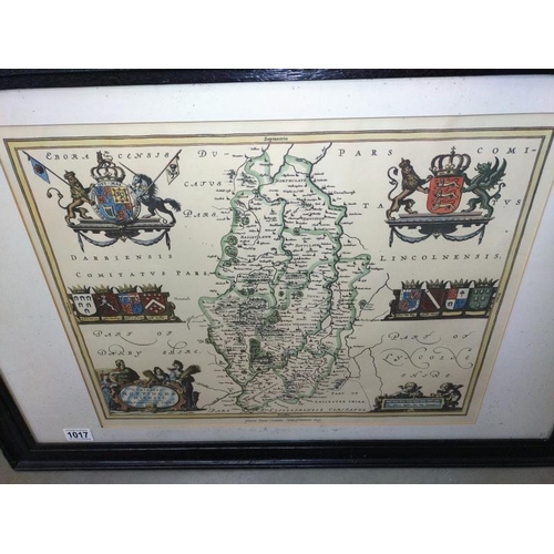 1017 - A framed & glazed Johannes Blaesus map of Nottingham & surrounds, COLLECT ONLY.