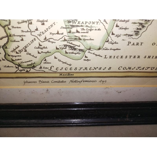 1017 - A framed & glazed Johannes Blaesus map of Nottingham & surrounds, COLLECT ONLY.