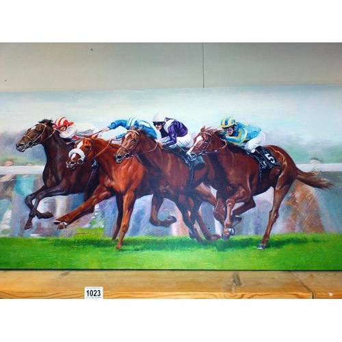 1023 - A large print of race horses by Roger Heaton (122cm x 51cm) A heavy cut glass vase, 26 cm and a blue... 