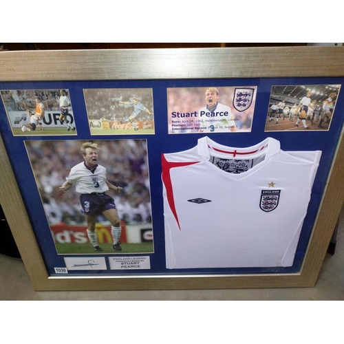 1030 - A framed Stuart Pearce/England shirt, signed. COLLECT ONLY.